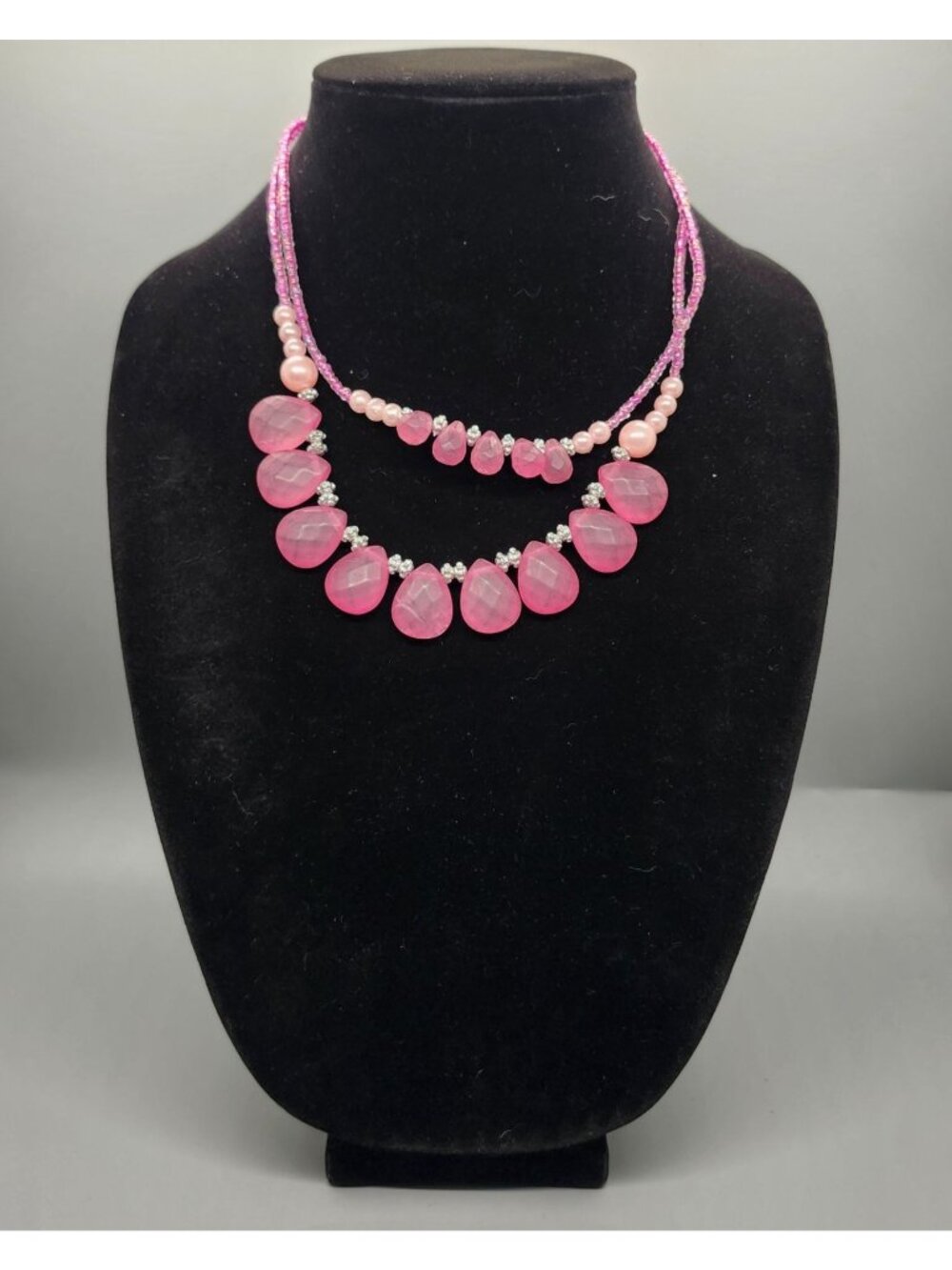 Pink Double-Strand Beaded Necklace With Teardrop Pendants Faux Pearls & Adjustab